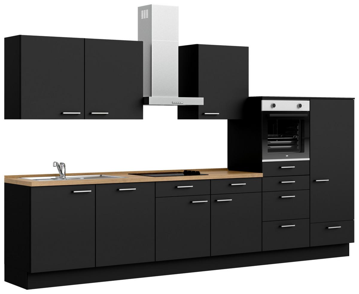 Kuchyňská linka 360 cm, černá matná - černá/barvy dubu, Moderní, kov/kompozitní dřevo (360cm) - Nobilia