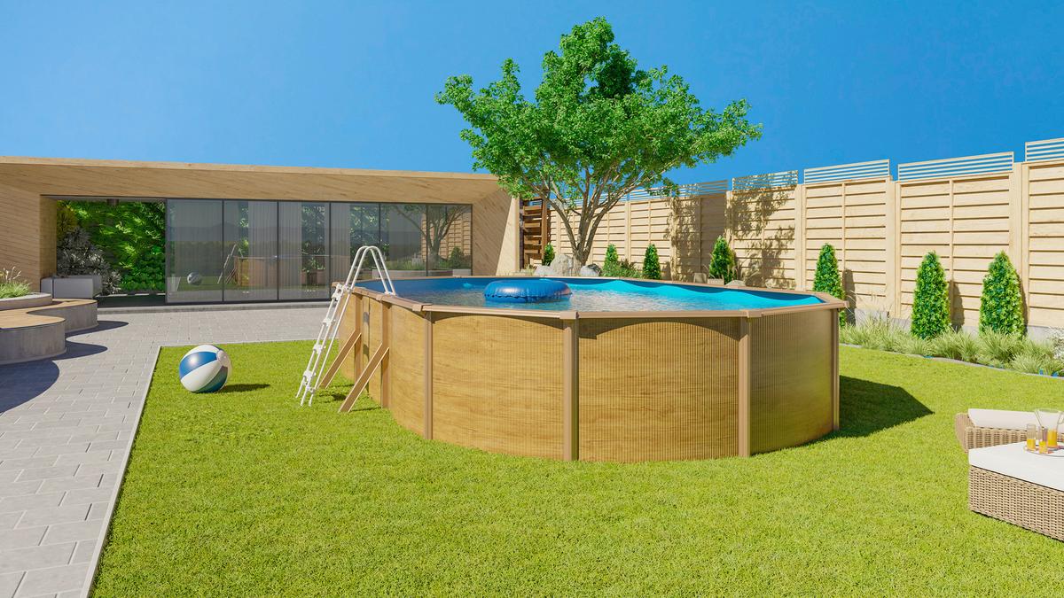 Pool-Set Steely De Luxe Wood 3-teilig, Laufruhige Pumpe - Hellbraun/Hellblau, Basics, Metall (635/390/120cm)