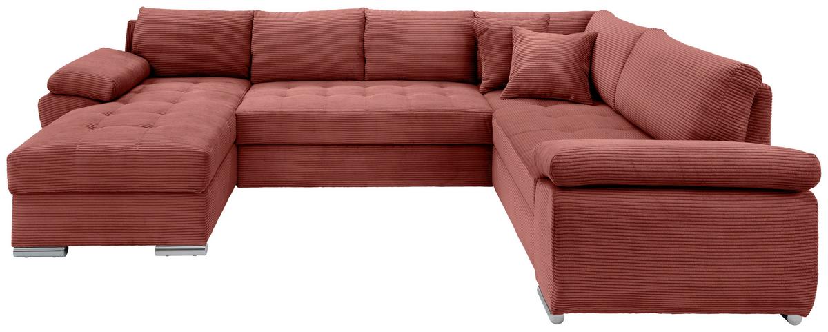 Wohnlandschaft Terana mit Schlaffunktion, Koralle - Chromfarben/Koralle, KONVENTIONELL, Textil (157/305/219cm) - Livetastic