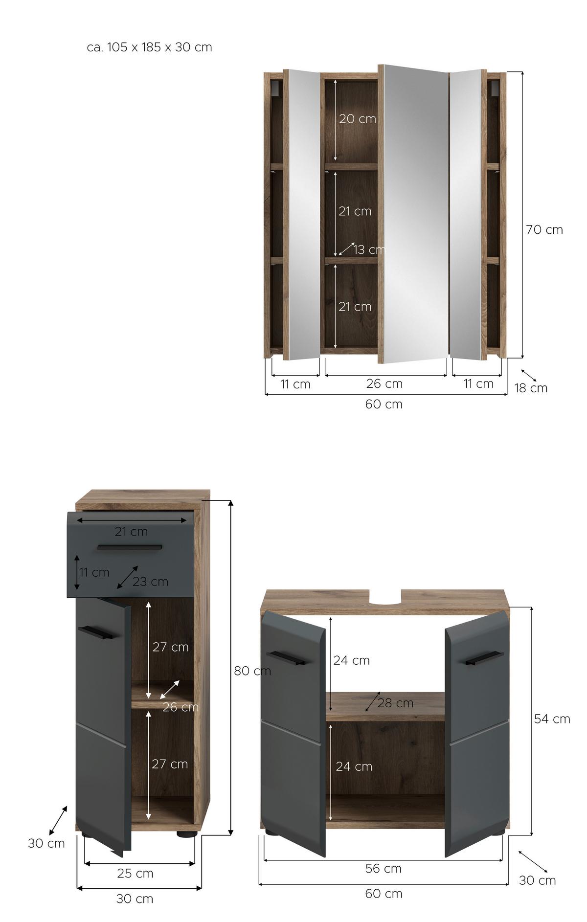 Badezimmer Ice Schwarz/Eiche Dekor B: 90cm - Eiche dunkel/Schwarz, Basics, Holzwerkstoff (90cm) - MID.YOU
