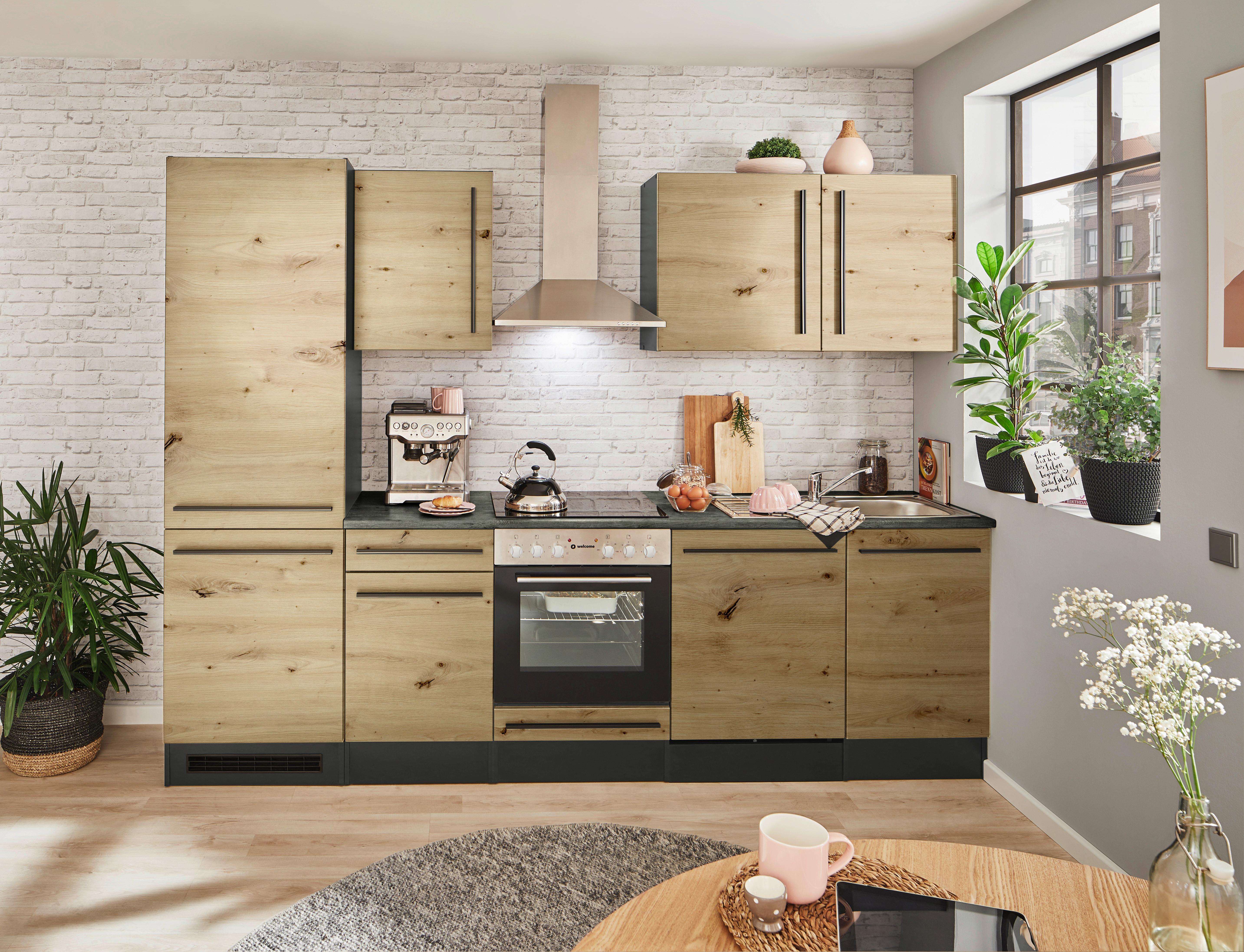 Küchenblock Jazz 8 Anthrazit/eiche Mit E-Geräten - Anthrazit/Eiche Artisan, LIFESTYLE, Holzwerkstoff (280cm) - MID.YOU