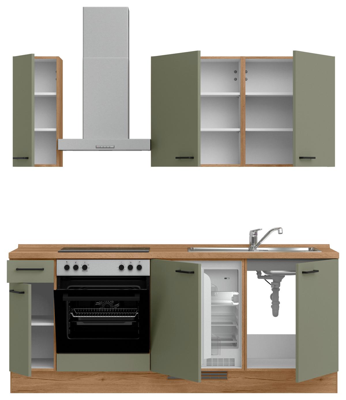 Kuchyňská linka 210 cm, olivově zelená - barvy dubu/černá, Moderní, kov/kompozitní dřevo (210cm) - Nobilia