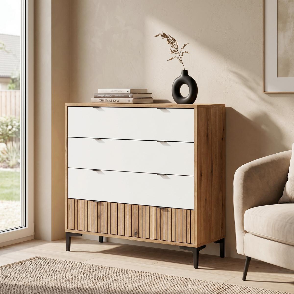 Kommode Ricko Eichefarben/Weiß B: 91,5 cm - Eichefarben/Schwarz, Trend, Holzwerkstoff (91,5/92,4/40cm)