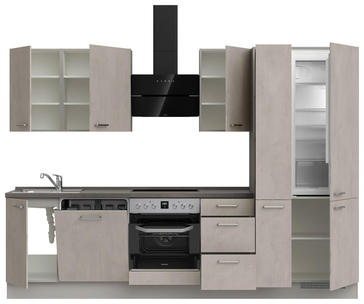 Kuchynská linka 300 cm, šedý betón/ kamenná šedá - sivá/farba ušľachtilej ocele, Modern, kov/kompozitné drevo (300cm) - Nobilia