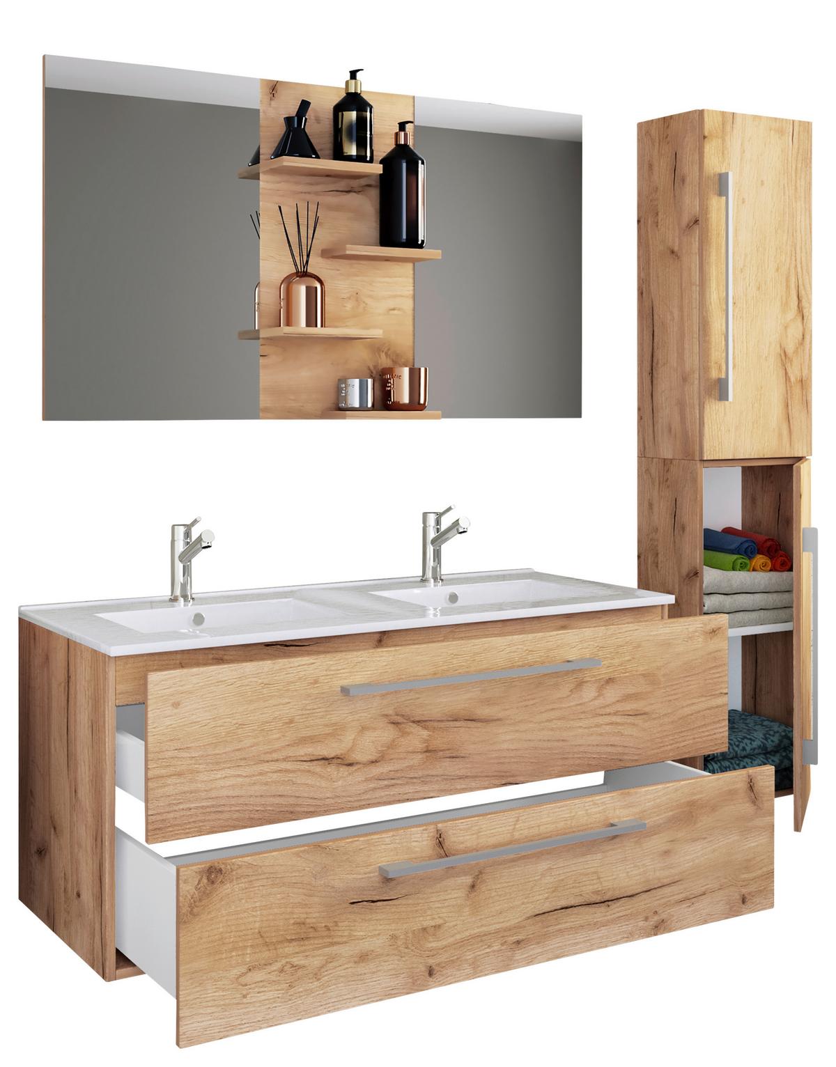 Bademöbel-Set 4-Tlg. Budasi B: 112 cm Weiß/Eiche Dekor - Honigeiche/Weiß, MODERN, Keramik/Holzwerkstoff (145cm) - MID.YOU