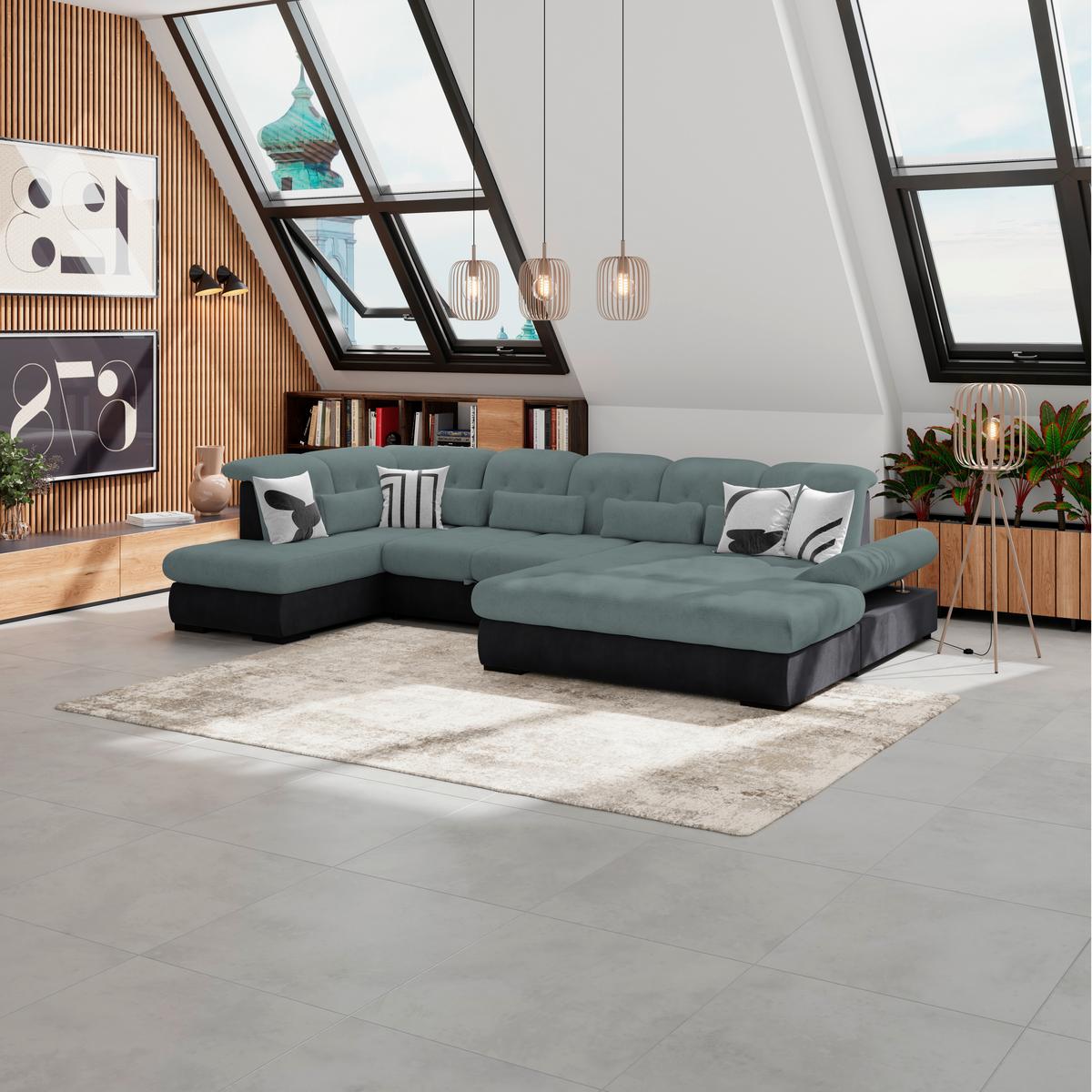 Wohnlandschaft Madera Blaugrün U: 212x358x190 Cm - Blau/Anthrazit, KONVENTIONELL, Kunststoff/Textil (212/358/190cm)