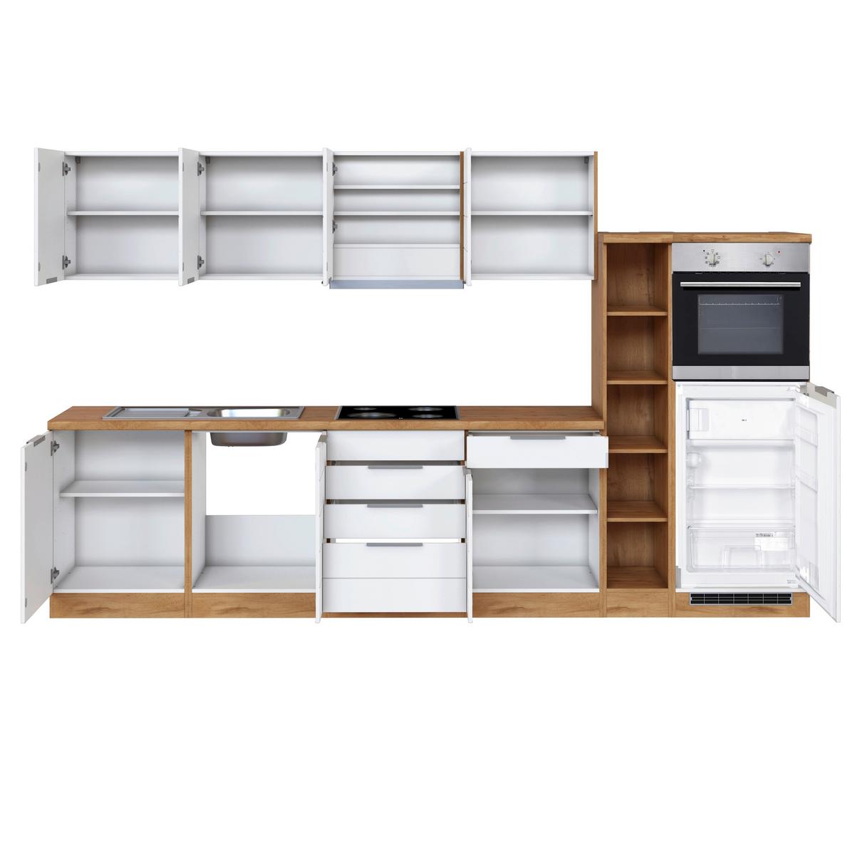 Küchenzeile Florenz mit Geräten 330 cm Weiß/Eichefarben - Eiche Wotan/Weiß, Design, Holzwerkstoff (330cm) - Held