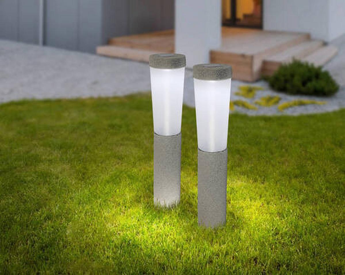 2 X Solarleuchte Mit Erdspieß Rund Grau 2x Tageslichtweiß - Grau, Design, Kunststoff (7,7/45,6cm) - Globo