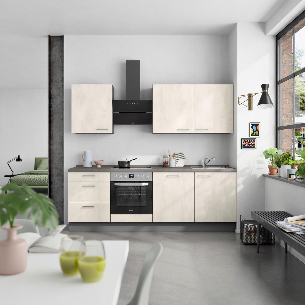 Kuchynská linka 240CM biely betón/ bridlicová šedá - biela/farba ušľachtilej ocele, Modern, kov/kompozitné drevo (240cm) - Nobilia