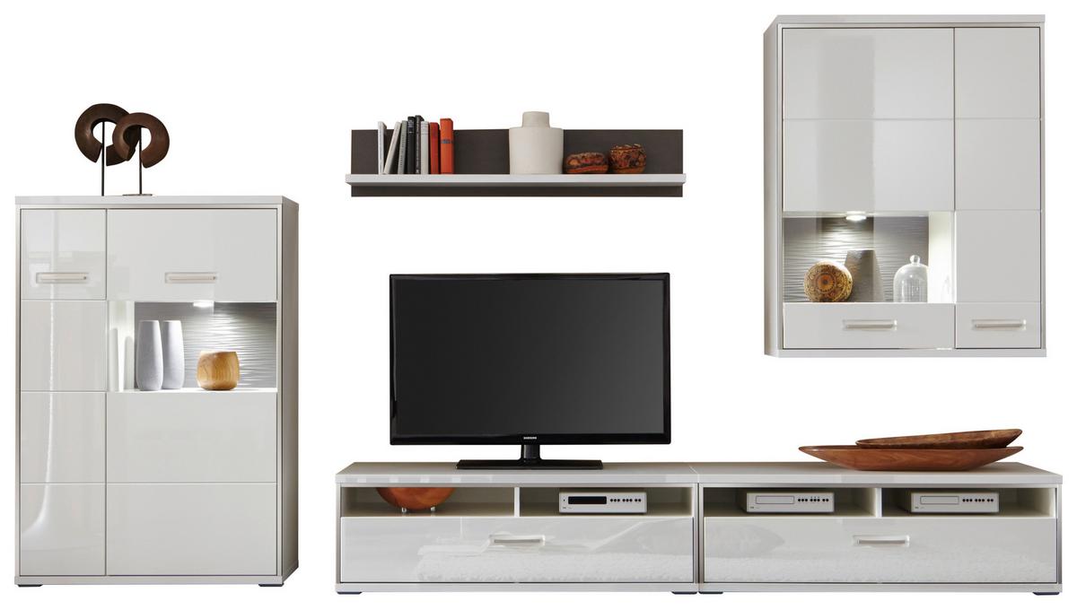 Wohnkombination 5-tlg. Trento Grau/silbern/weiß - Weiß Hochglanz/Silberfarben, Design, Glas/Holzwerkstoff (351/201/52cm) - Livetastic