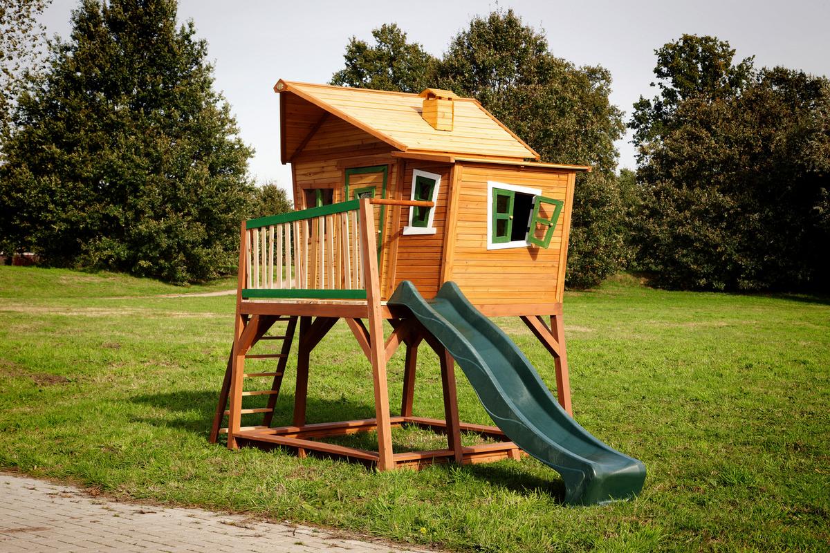Spielhaus Holz Mit Rutsche Und Kletterwand Braun Grün Max - Braun/Naturfarben, KONVENTIONELL, Holz (435/291/180cm) - Ambia Garden