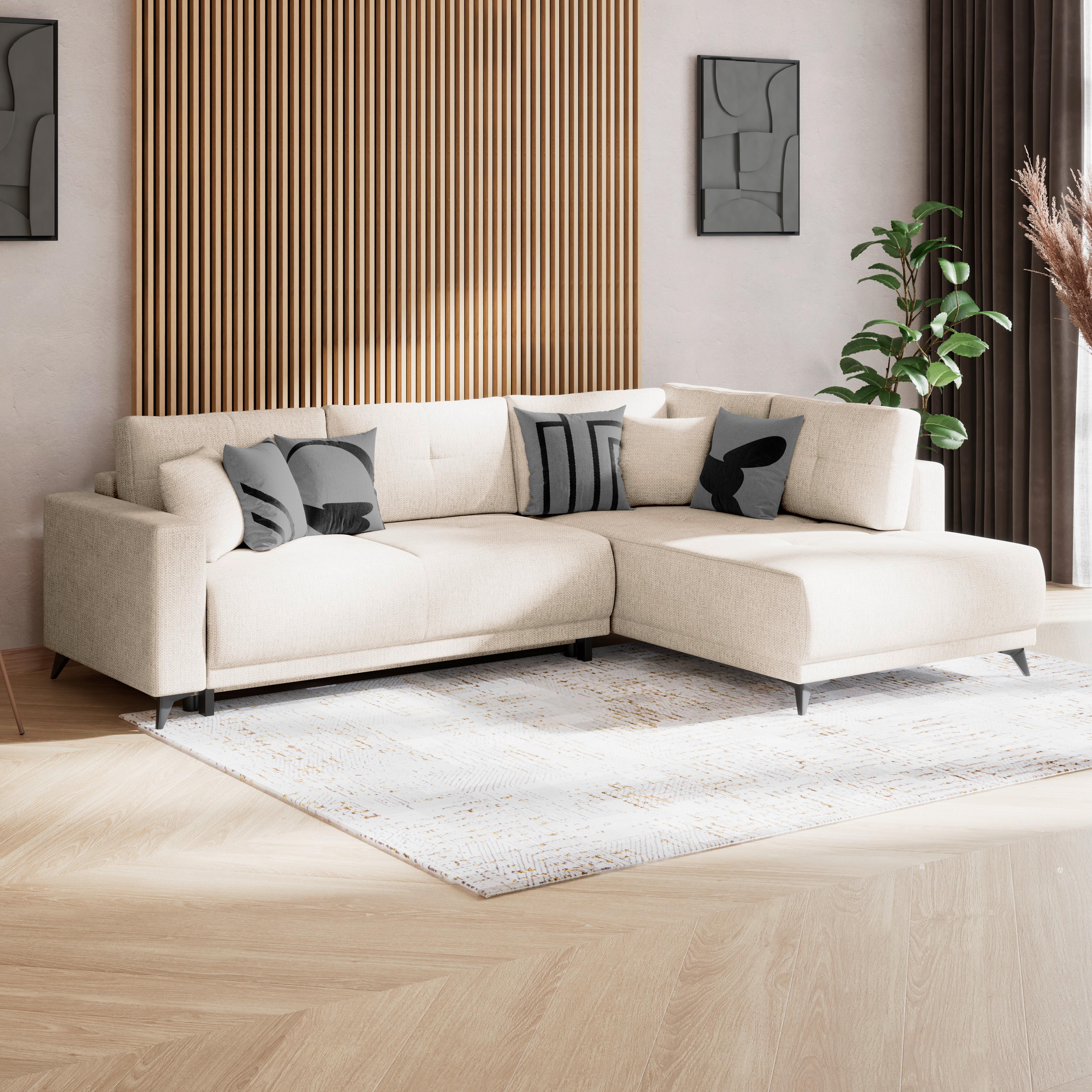 Ecksofa mit Schlaffunktion & Bettkasten Texas Beige - Beige/Schwarz, KONVENTIONELL, Holz (259/203/203cm)