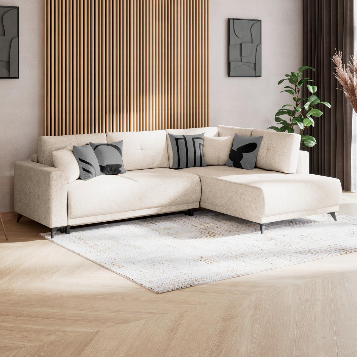 Ecksofa mit Schlaffunktion & Bettkasten Texas Beige - Beige/Schwarz, KONVENTIONELL, Holz (259/203cm)