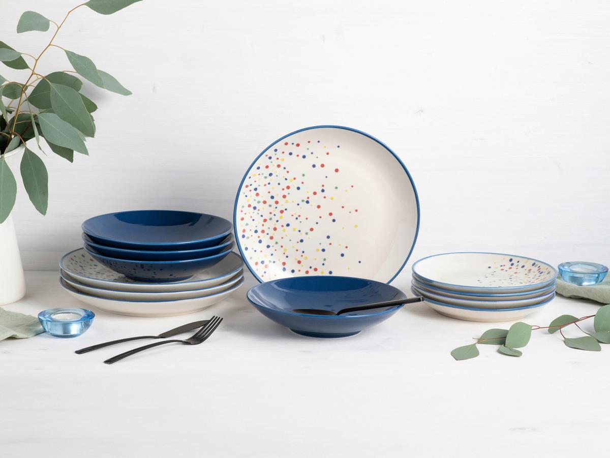 Tafelservice Joy Blau-bunt Blau, Creme 12--Teilig - Blau/Creme, Basics, Keramik - Creatable
