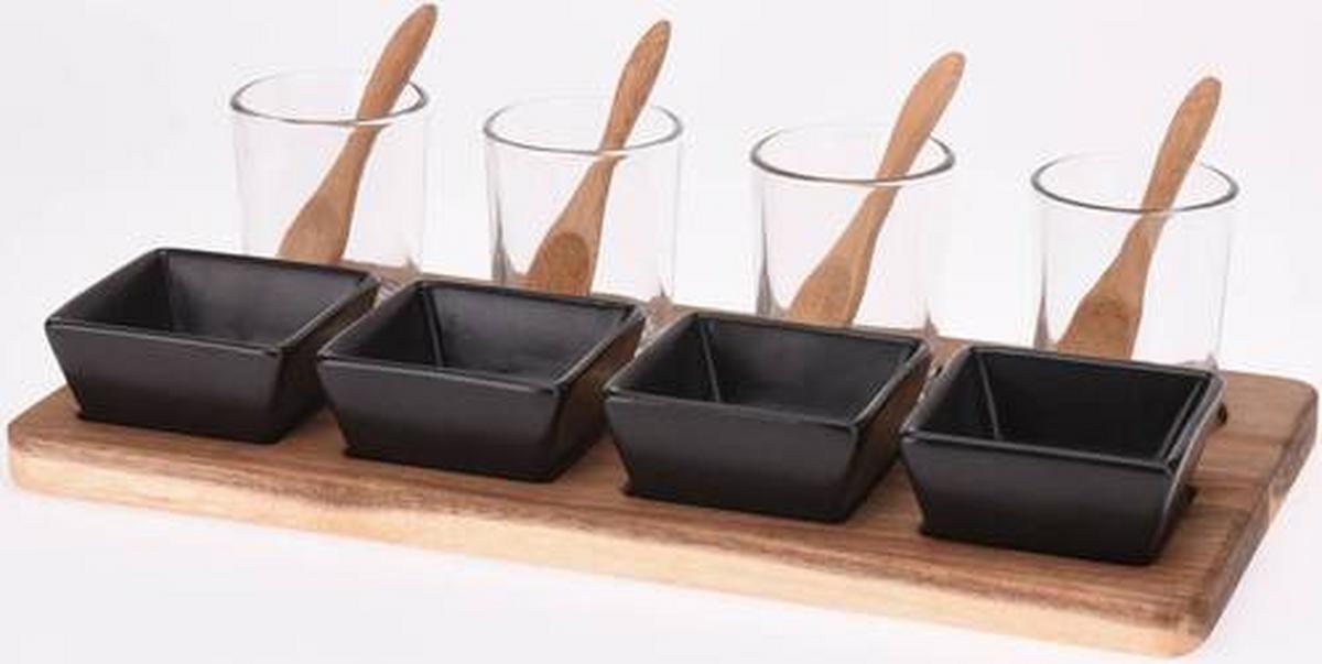 Sada misiek na dip Blacky, 13-dielna - priehľadné/čierna, Modern, drevo/sklo (30/15/7cm)