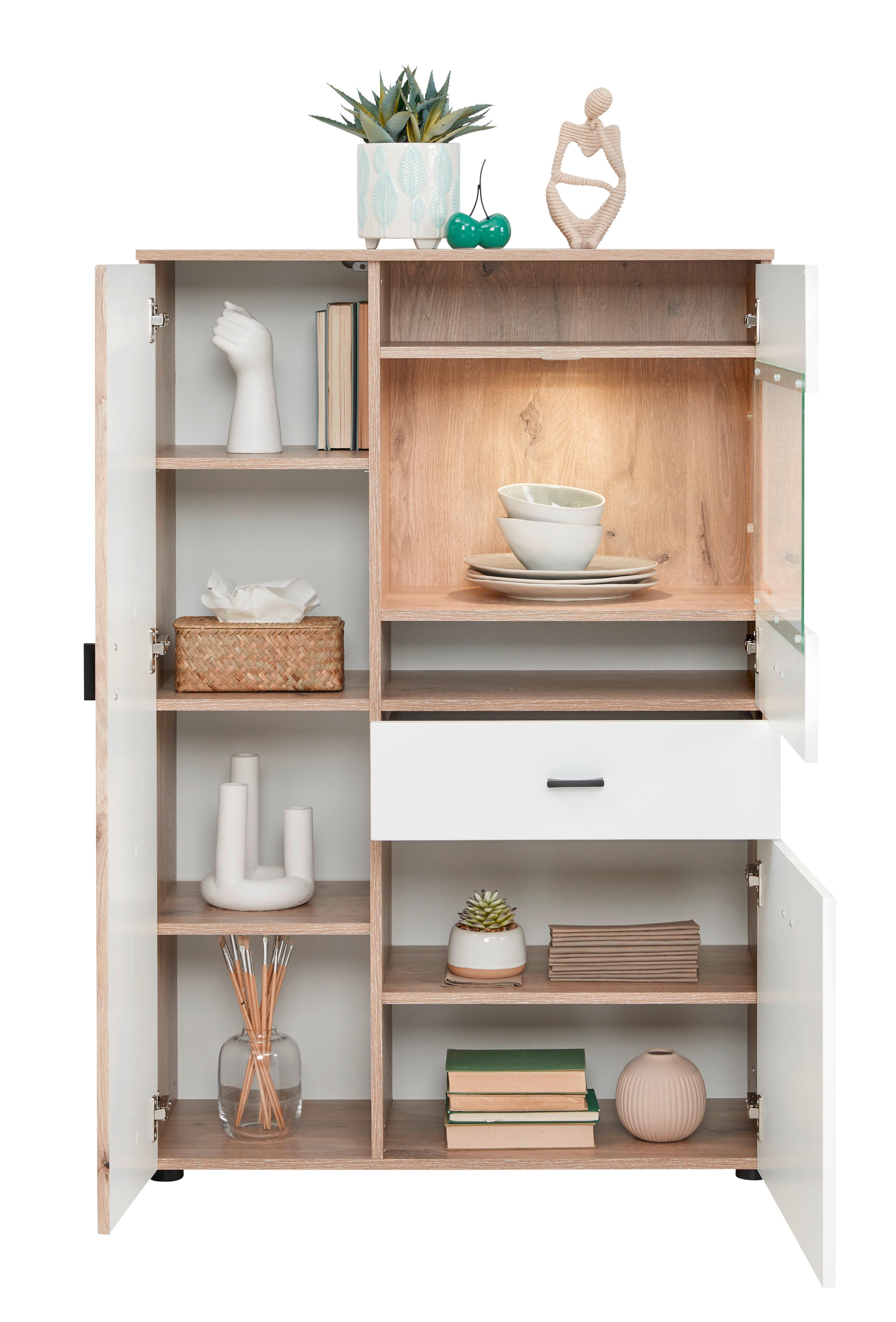 Vitrine Liverpool B: 87 cm mit Beleuchtung Weiß/Eichef. - MODERN, Holzwerkstoff (87/129/38cm)
