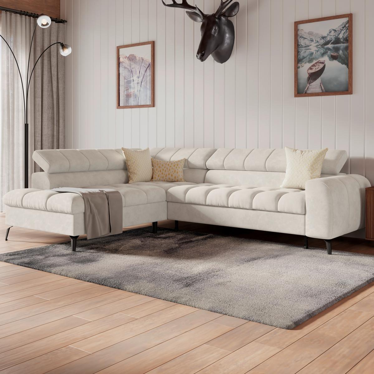 Ecksofa mit Schlaffunktion & Bettkasten Volf Cremefarben - Creme/Schwarz, Trend, Kunststoff/Textil (203/261cm)