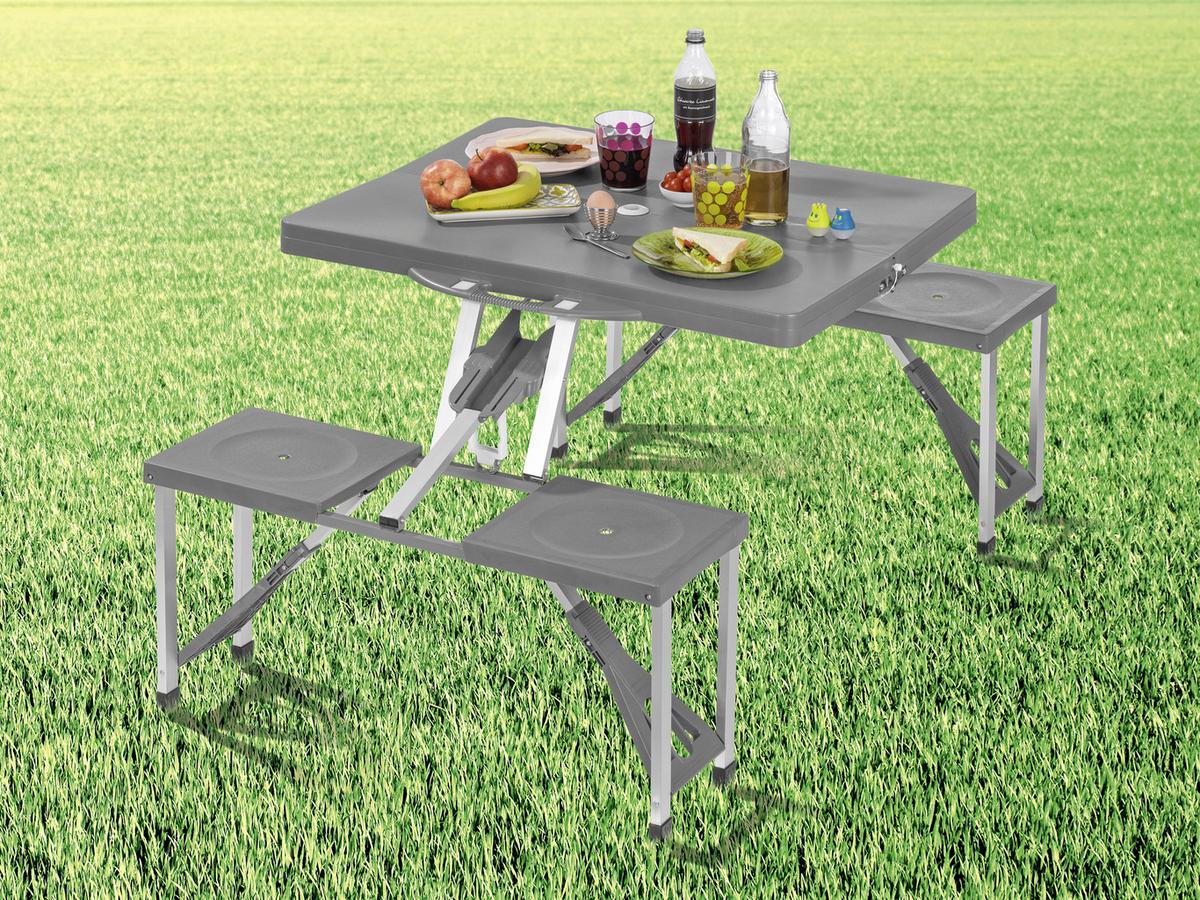Campingtisch Set Faltbar Mit Bänken + Tragegriff Maxxmee - Grau, Basics, Kunststoff/Metall (85/67/65cm) - TV - Unser Original
