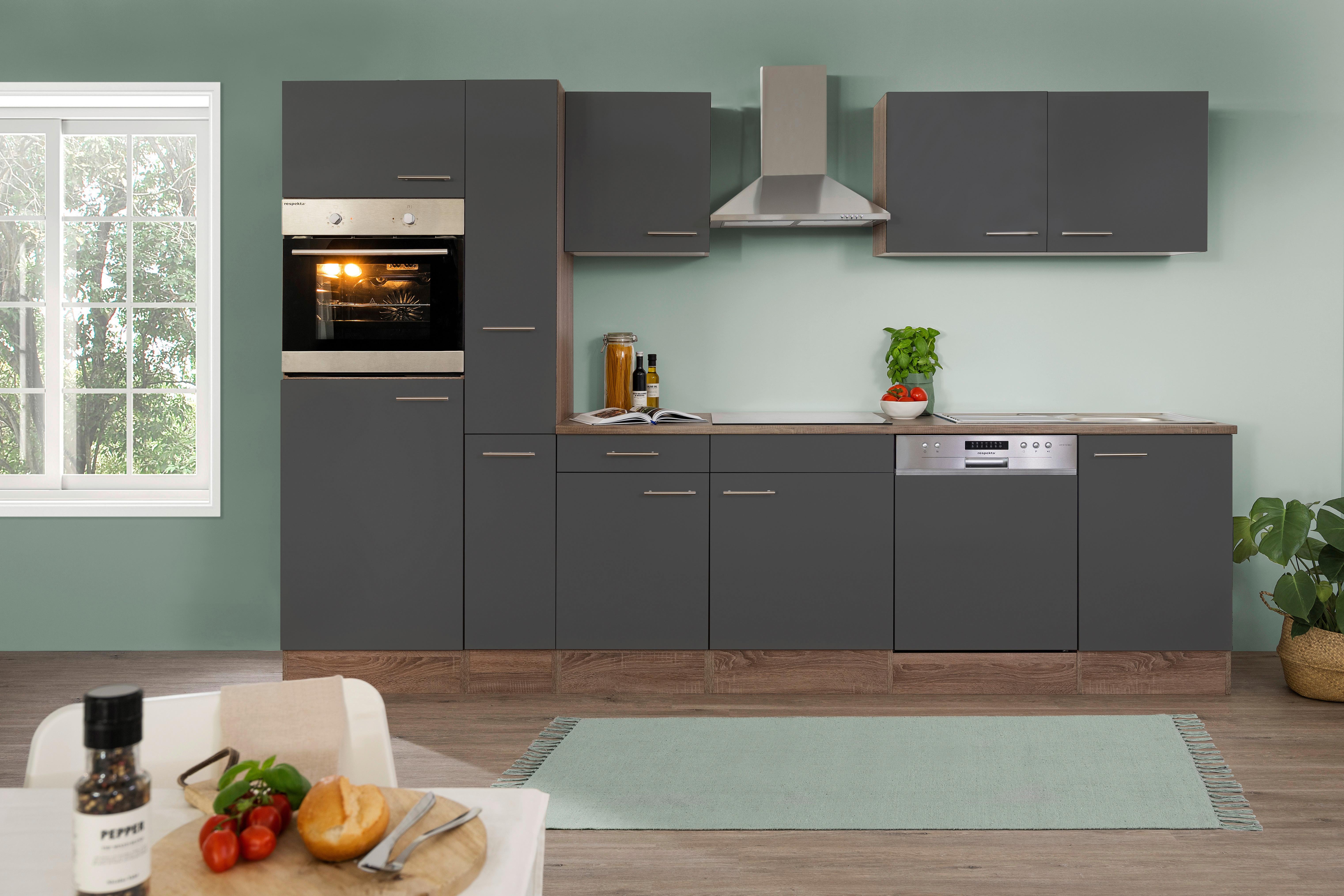 Küchenzeile ohne Geräte B: 310 cm Grau/Eiche Dekor - Eichefarben/Grau, Basics, Holzwerkstoff (310cm) - Respekta