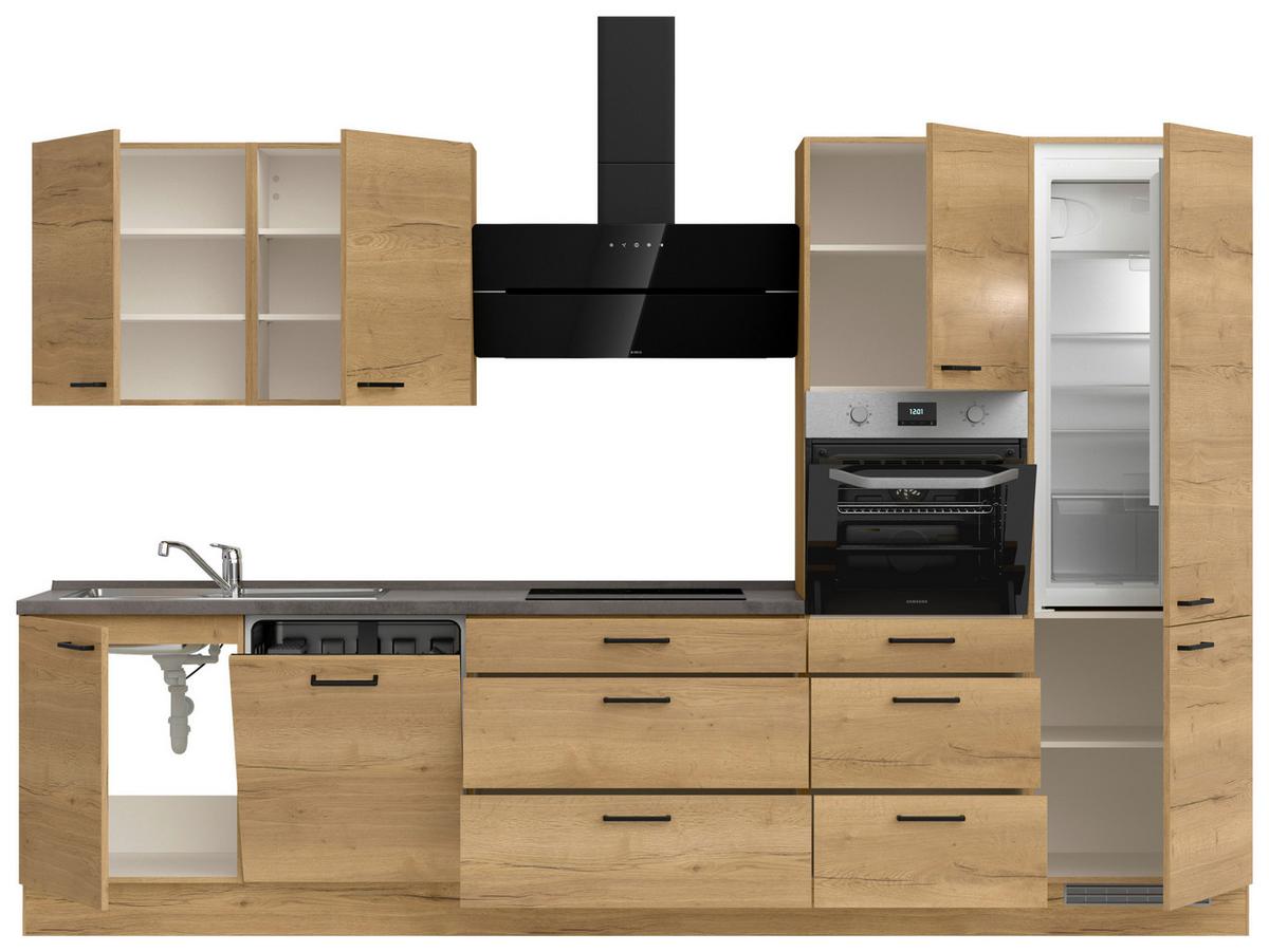 Kuchynská linka 330 cm, dub Sierra - čierna/farba duba, Modern, kov/kompozitné drevo (330cm) - Nobilia