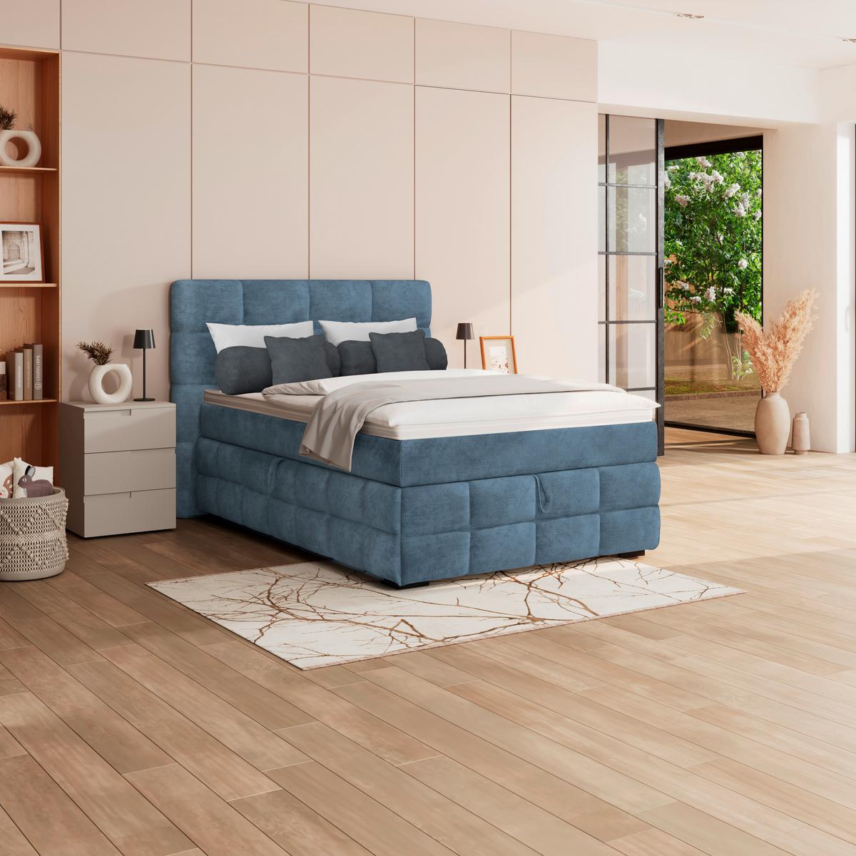 Čalúnená posteľ VEGA 140x200 cm, modrá - modrá/čierna, Trend, drevo/textil (140/200cm)