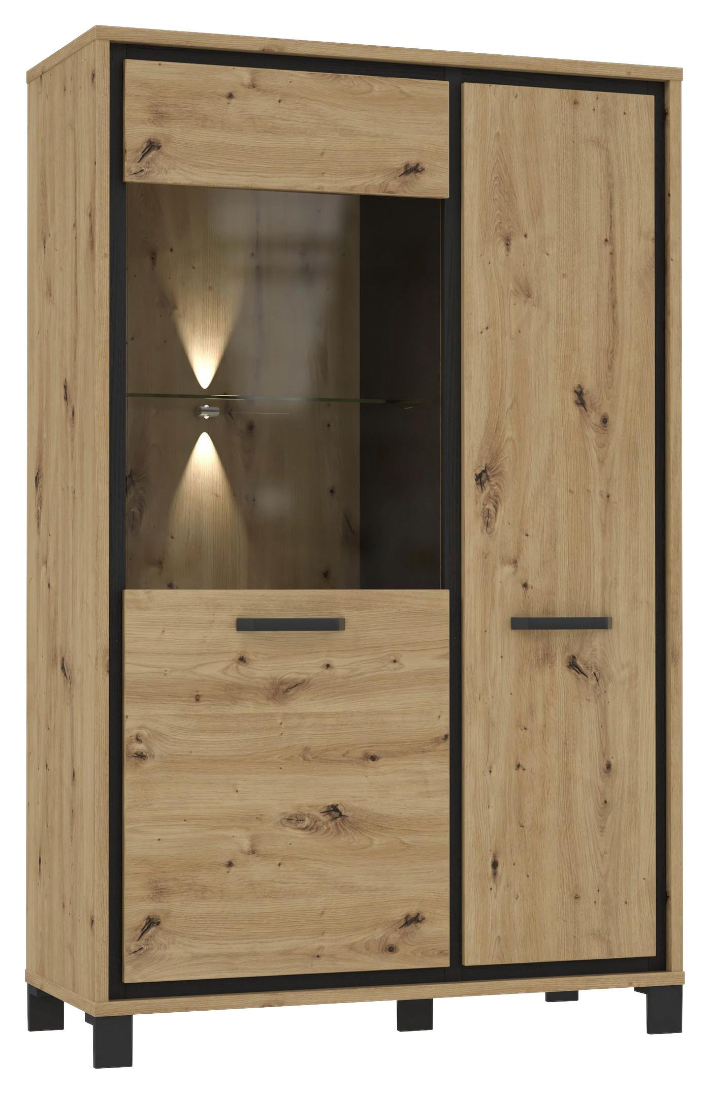 Highboard mit Glaselement 102 cm Trondheim, Eiche Dekor - Eichefarben/Schwarz, Basics, Glas/Holzwerkstoff (101.4/161/41.5cm) - Livetastic