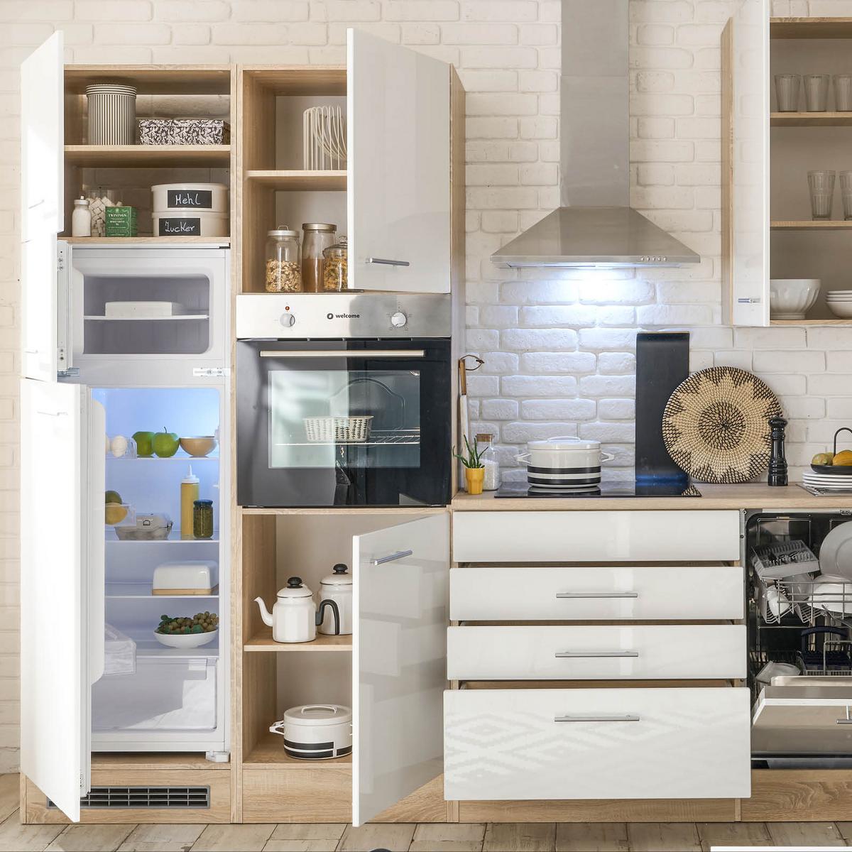 Küchenzeile Laurel mit Geräten 310 cm Weiß/Eiche Dekor - Weiß/Sonoma Eiche, MODERN, Holzwerkstoff (310cm) - MID.YOU