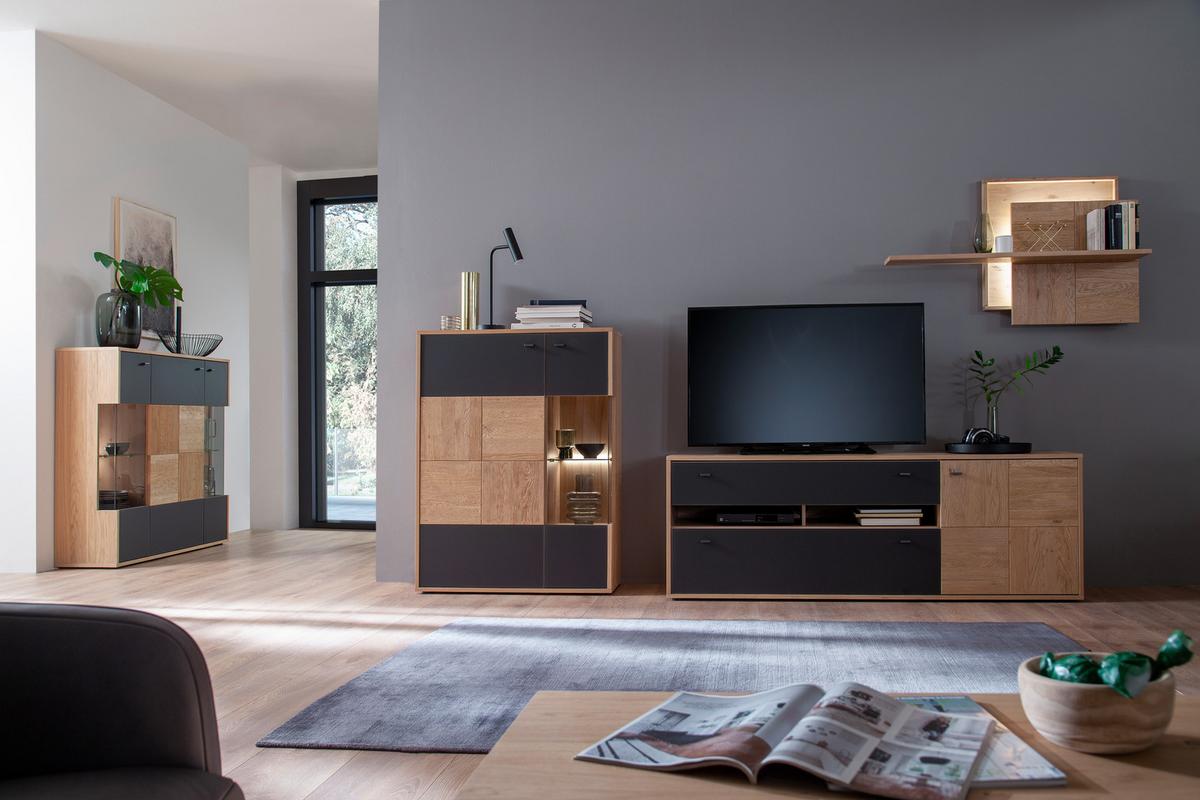 Wohnkombination teilmassiv 3tlg. Valencia Anthrazit/Eiche - Eiche Bianco/Anthrazit, Design, Glas/Holz (328/193/50cm) - MID.YOU