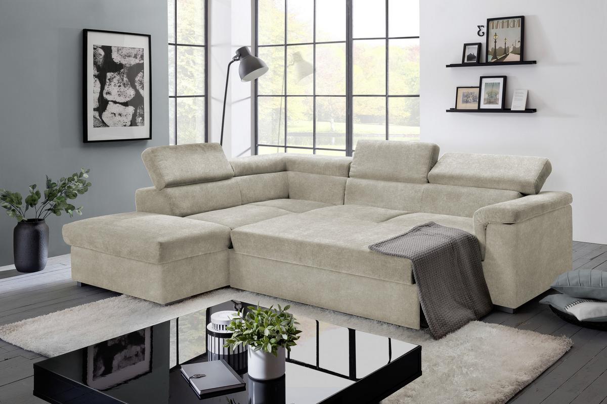Ecksofa mit Schlaffunktion + Bettkasten Milla, Webstoff - Platinfarben, Basics, Holz/Textil (217/252cm) - MID.YOU