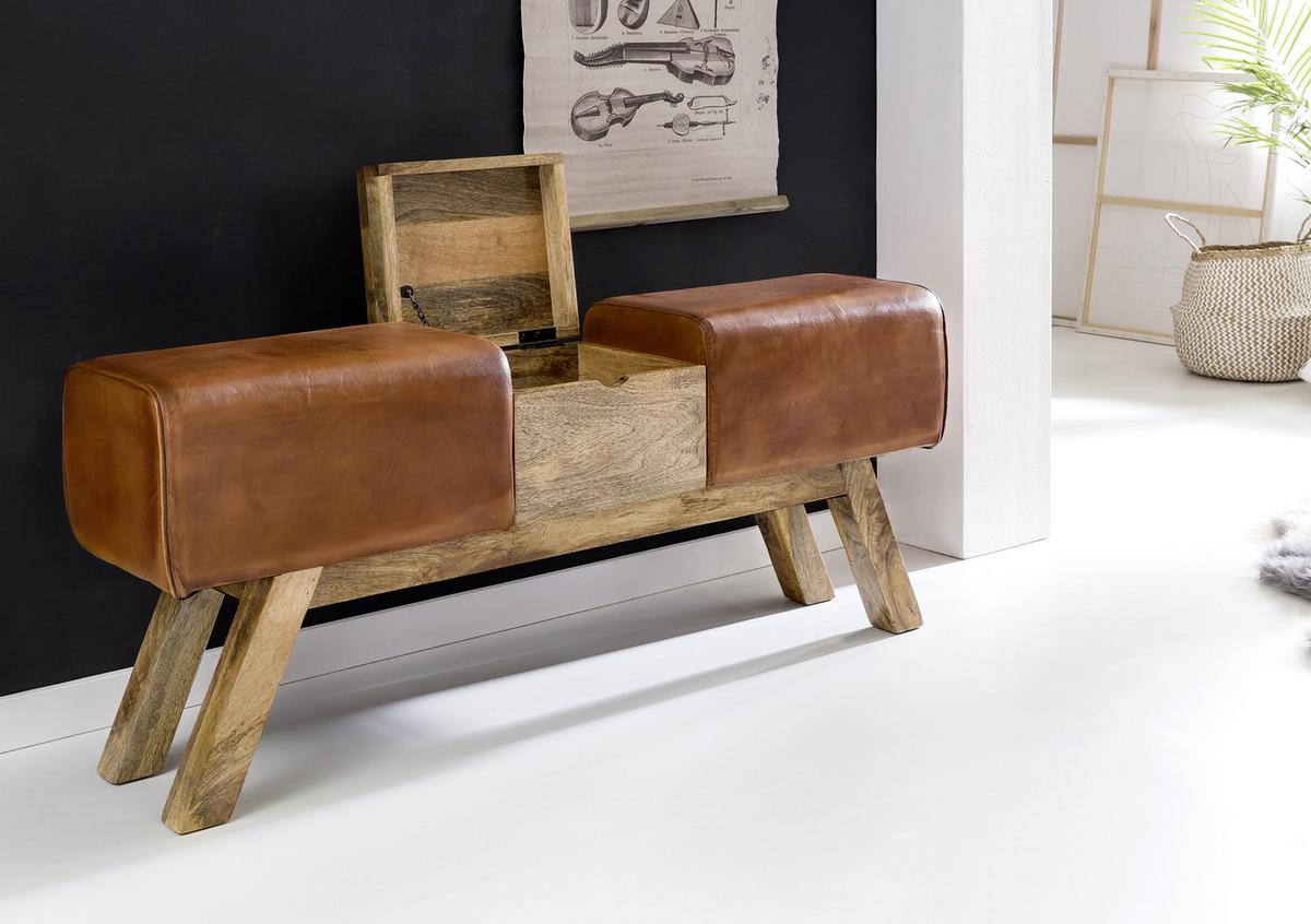 Garderobenbank B: 120 Cm Gepolstert Leder/mangoholz - Braun, Natur, Leder (120/53/29cm) - MID.YOU