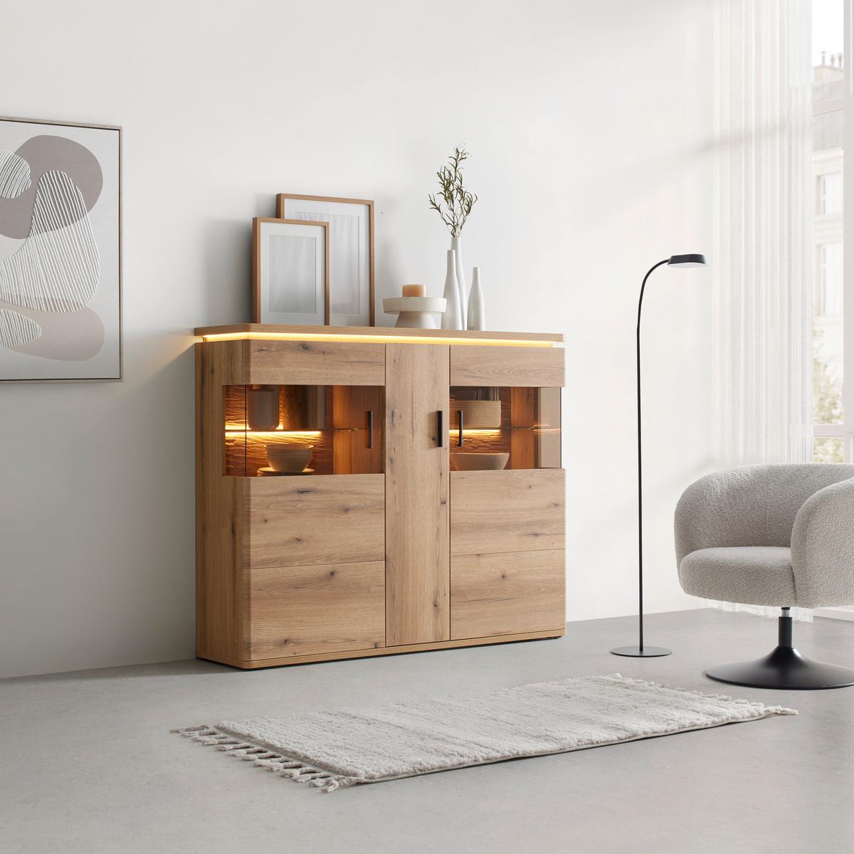 VYSOKÁ KOMODA ALAMEDA -EXKLUSIV- - barvy dubu/antracitová, Moderní, kov/kompozitní dřevo (150/124/38cm) - Mömax