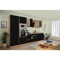 Küchenzeile Premium mit Geräten 345 cm Schwarz/Eiche Dekor - Schwarz Hochglanz/Eichefarben, Basics, Holzwerkstoff (345cm) - Respekta