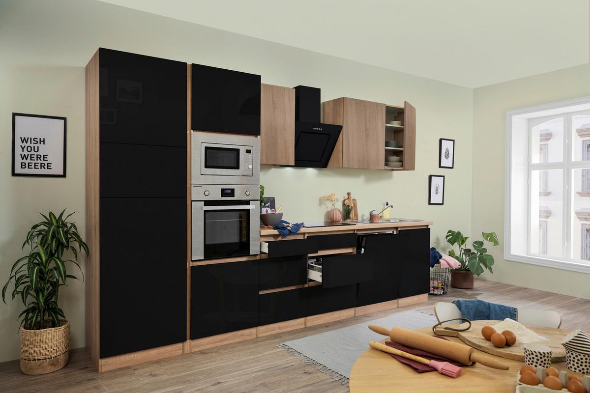 Küchenzeile Premium mit Geräten 345 cm Schwarz/Eiche Dekor - Schwarz Hochglanz/Eichefarben, Basics, Holzwerkstoff (345cm) - Respekta