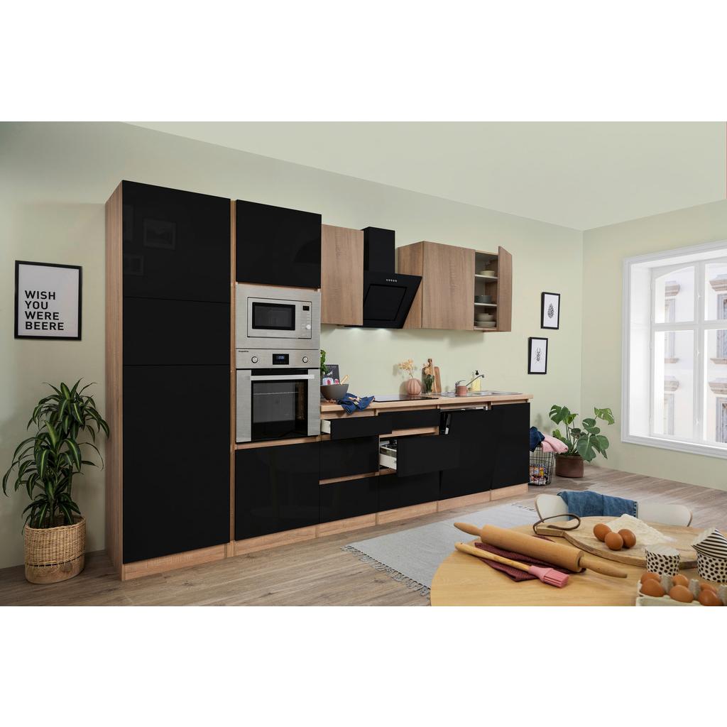 Küchenzeile Premium M. Geräten 345 Cm Schwarz/eiche Dekor