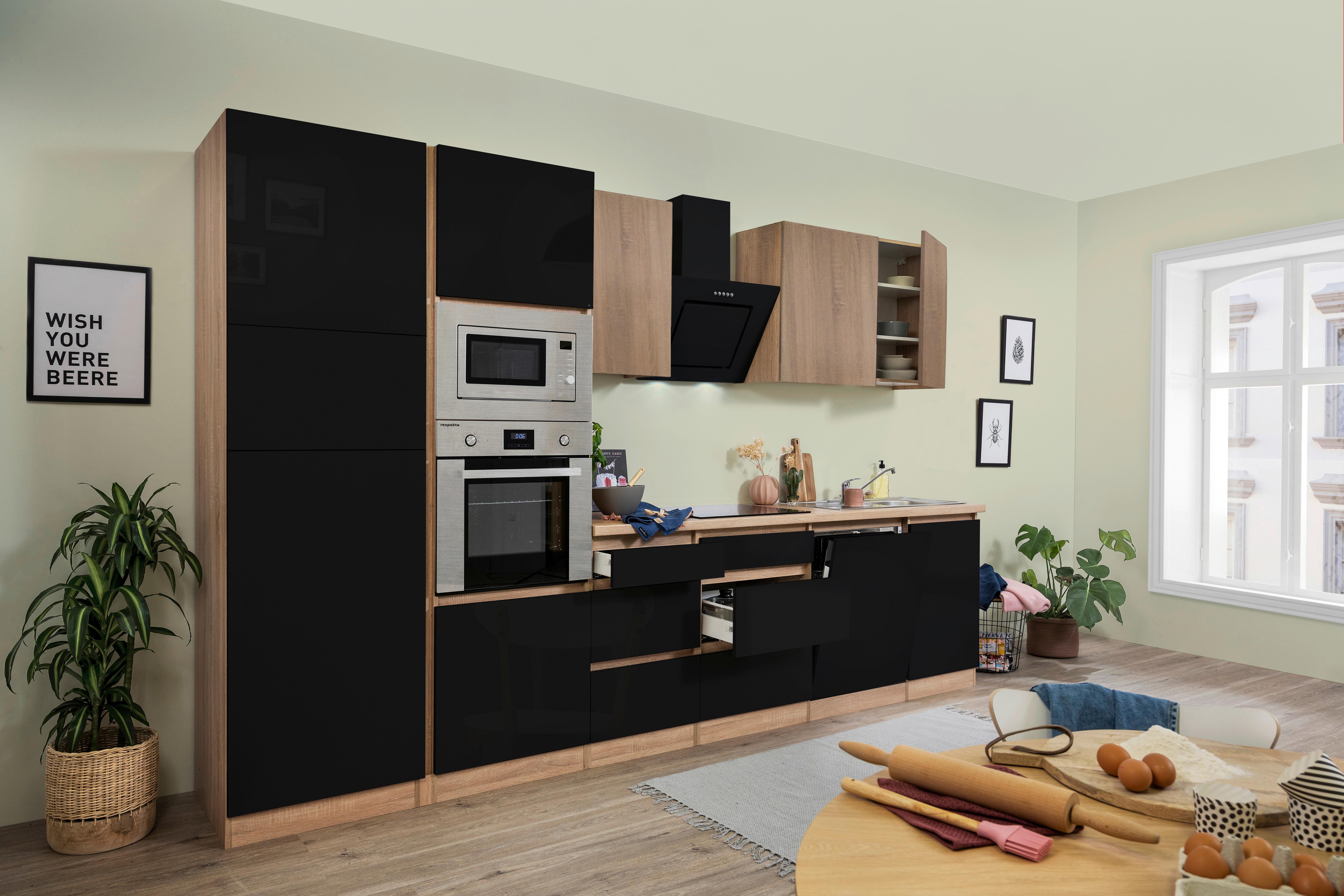 Küchenzeile Premium mit Geräten 345 cm Schwarz/Eiche Dekor