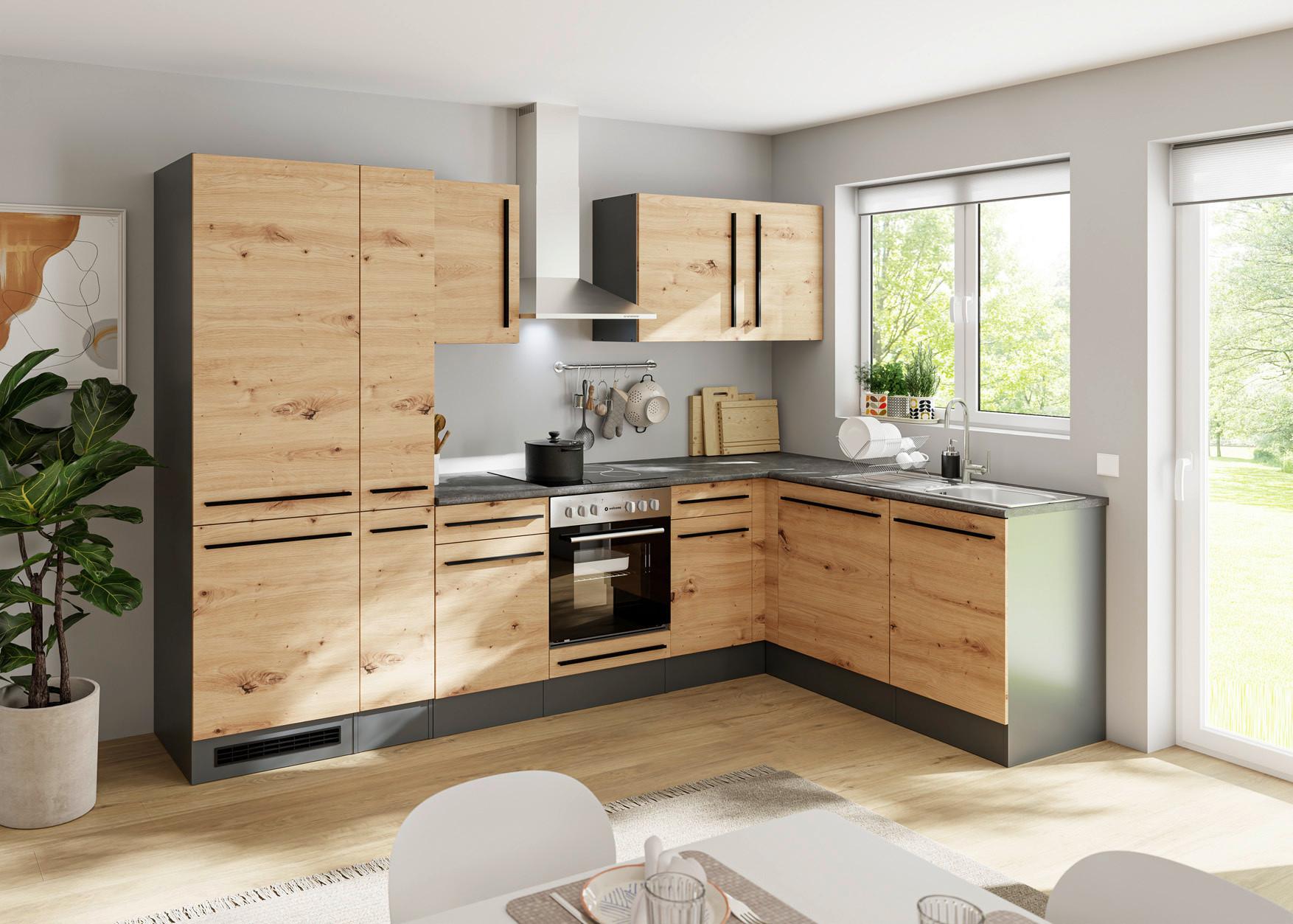 Eckküche Jazz 8 mit Geräte 310x175 Anthrazit/Eiche Dekor