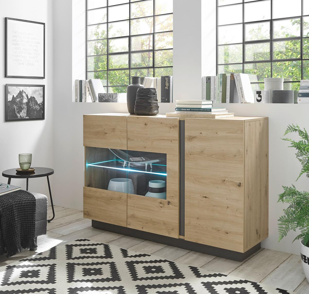 Sideboard Clair Grau/Eiche Dekor B:138cm - Eiche Artisan/Grau, Design, Glas/Holzwerkstoff (138/91/40cm) - MID.YOU