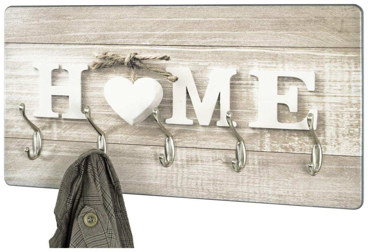 Hakenleiste Home 2 B: 60 Cm Schriftzug 5 Haken - Edelstahlfarben/Naturfarben, MODERN, Holzwerkstoff (60/30/8cm)