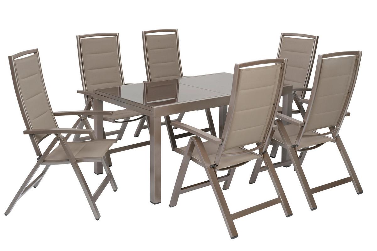 Gartentischgruppe Tinetto 7--Teilig. Aus Aluminium - Taupe/Braun, KONVENTIONELL, Glas/Textil - Gardenson