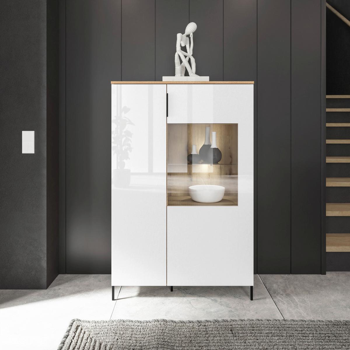 Highboard Austin 90 cm Eichefarben/Glasfront Weiss - Eichefarben/Schwarz, Trend, Glas/Holzwerkstoff (90/140/40cm)