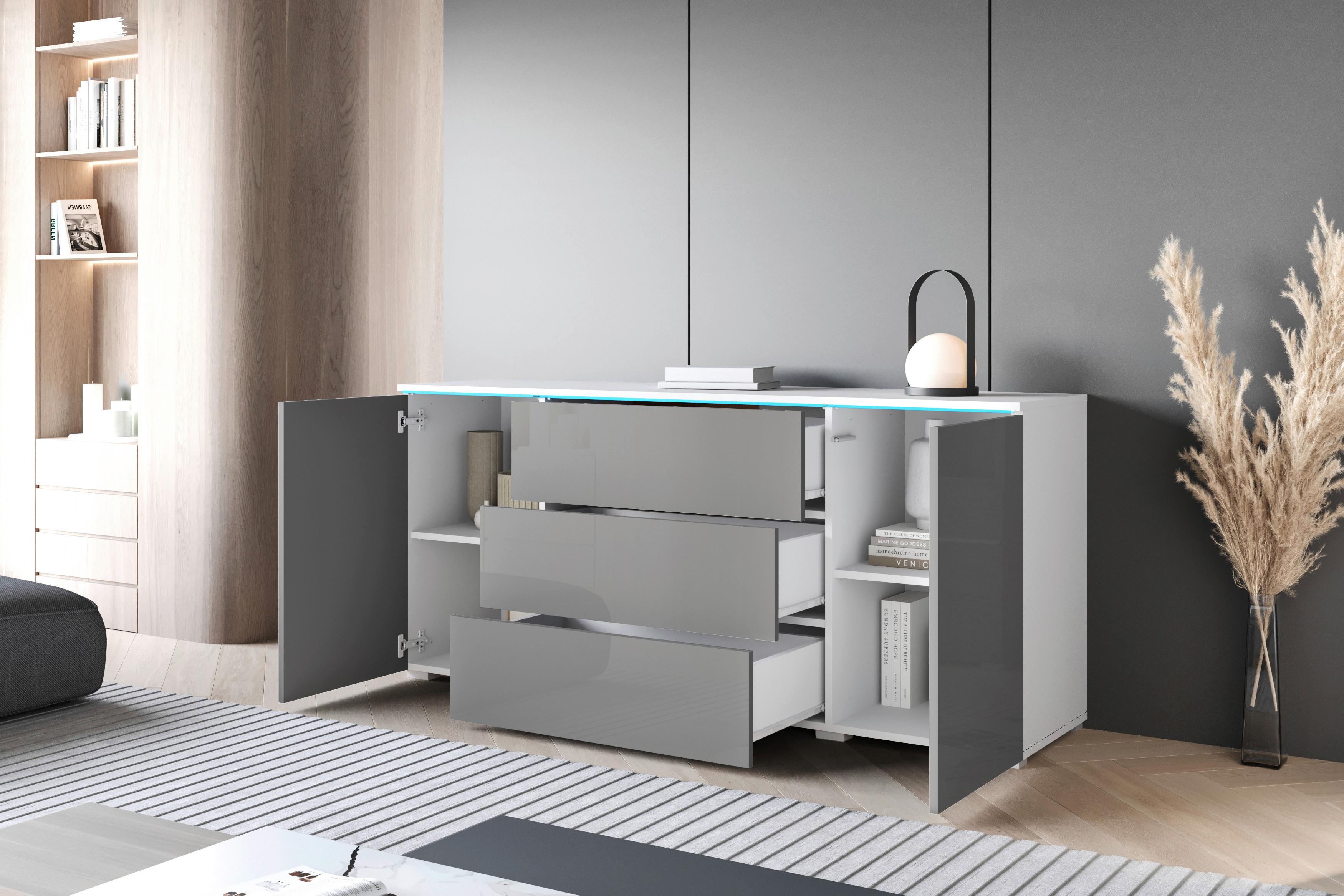 Sideboard Vera 150 Weiß/Grau Hochglanz B: 150 cm - Grau Hochglanz/Weiß, Trend, Holzwerkstoff (150/67,9/39,5cm)