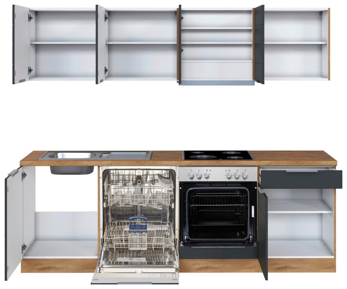 Küchenzeile Florenz mit Geräte B: 240 cm Grau/Eiche Dekor - Eiche Wotan/Grau, Design, Holzwerkstoff (240cm) - Held