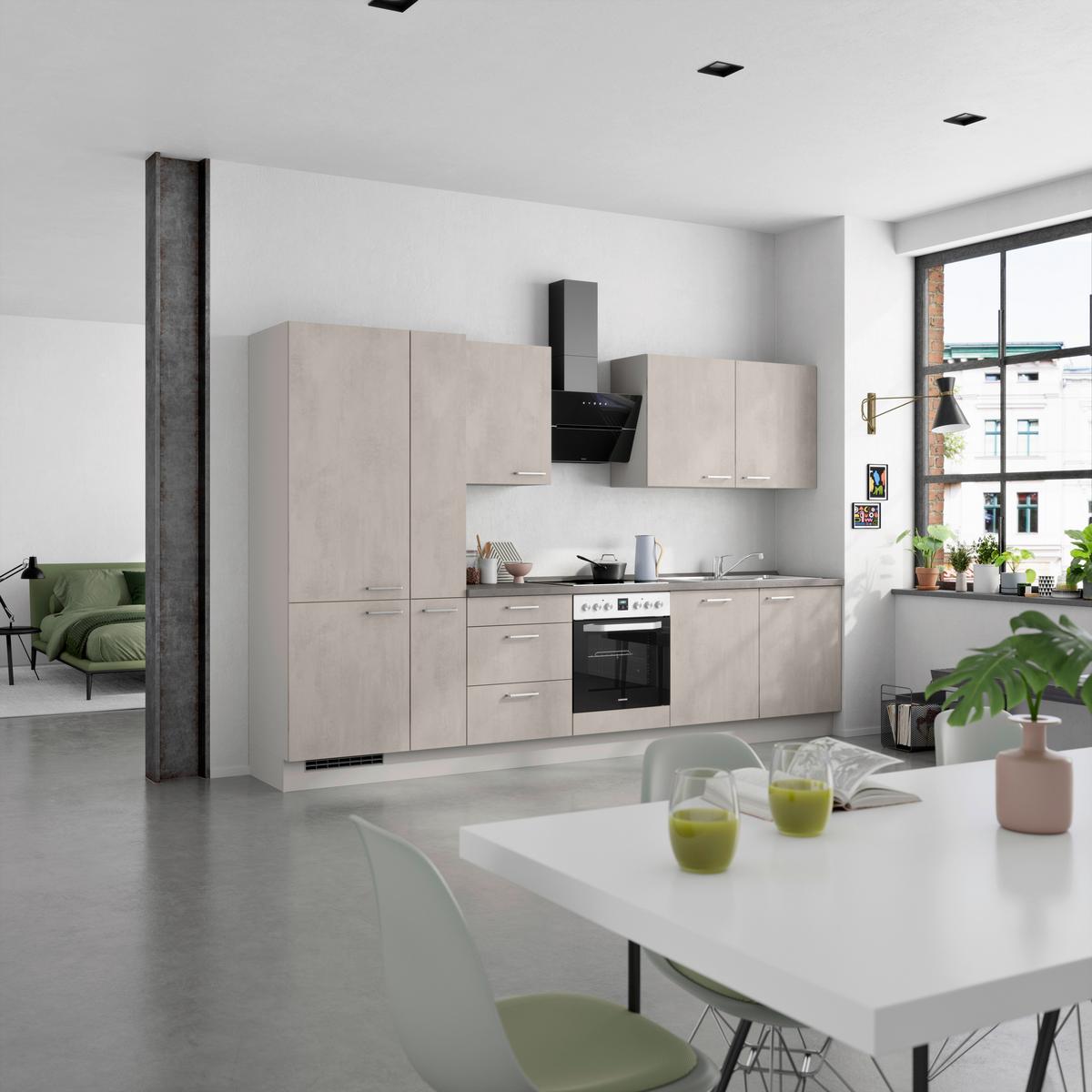 Kuchynská linka 330 cm, šedý betón/ kamenná šedá - sivá/farba ušľachtilej ocele, Modern, kov/kompozitné drevo (330cm) - Nobilia