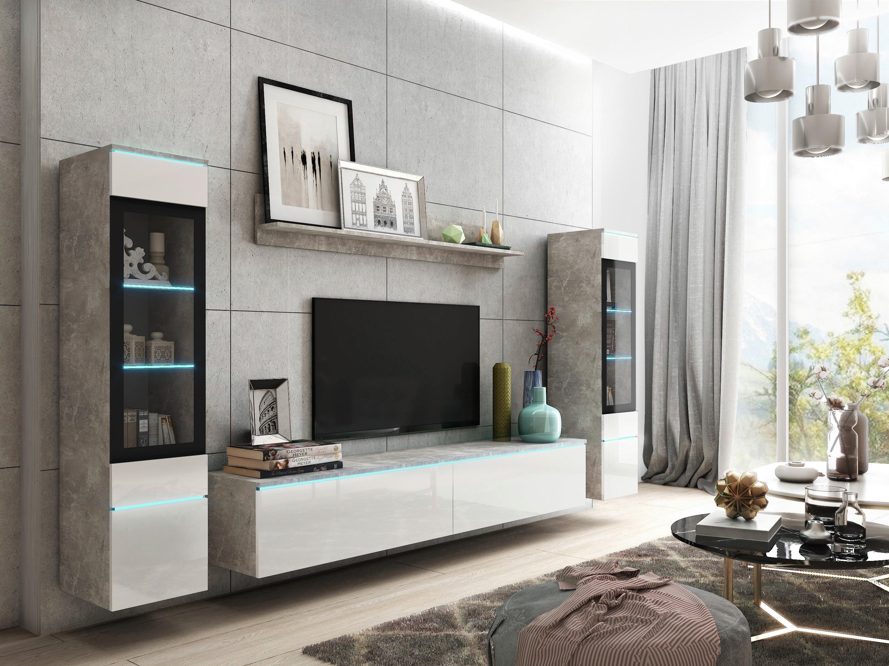 Obývací stěna s LED bílá VL/dekor beton - šedá/vysoce lesklá bílá, Lifestyle, kompozitní dřevo/plast (240/130/33cm) - P & B
