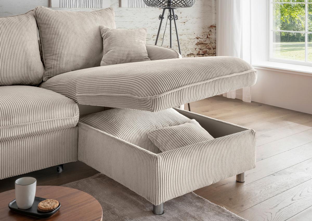 Eckschlafsofa Lauritio, Beige S: 254x160 cm - Chromfarben/Beige, MODERN, Textil (254/160cm) - Livetastic