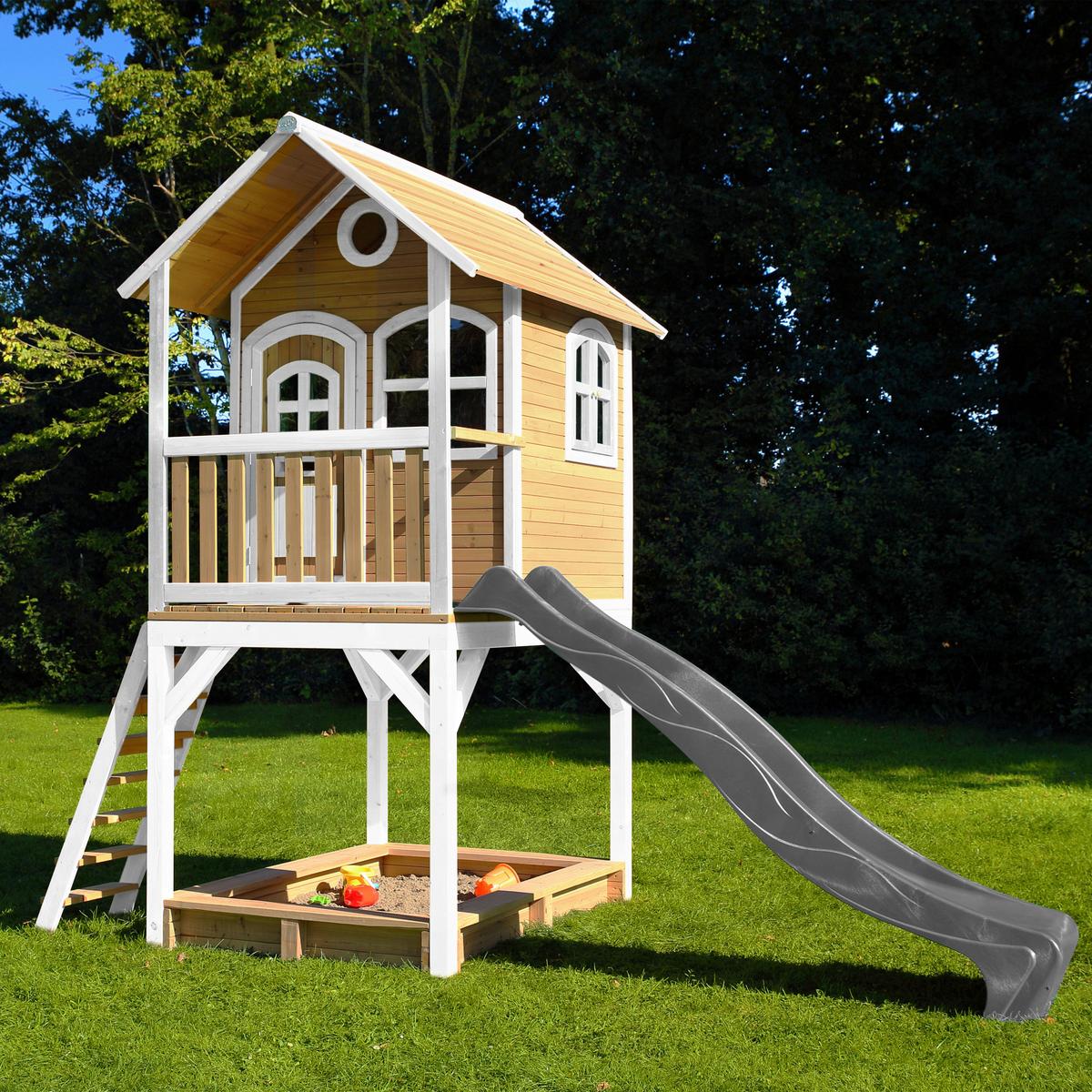 Spielhaus Sarah Braun/grau/weiß B: 370 Cm - Braun/Weiß, KONVENTIONELL, Holz/Kunststoff (370/291/191cm) - Ambia Garden