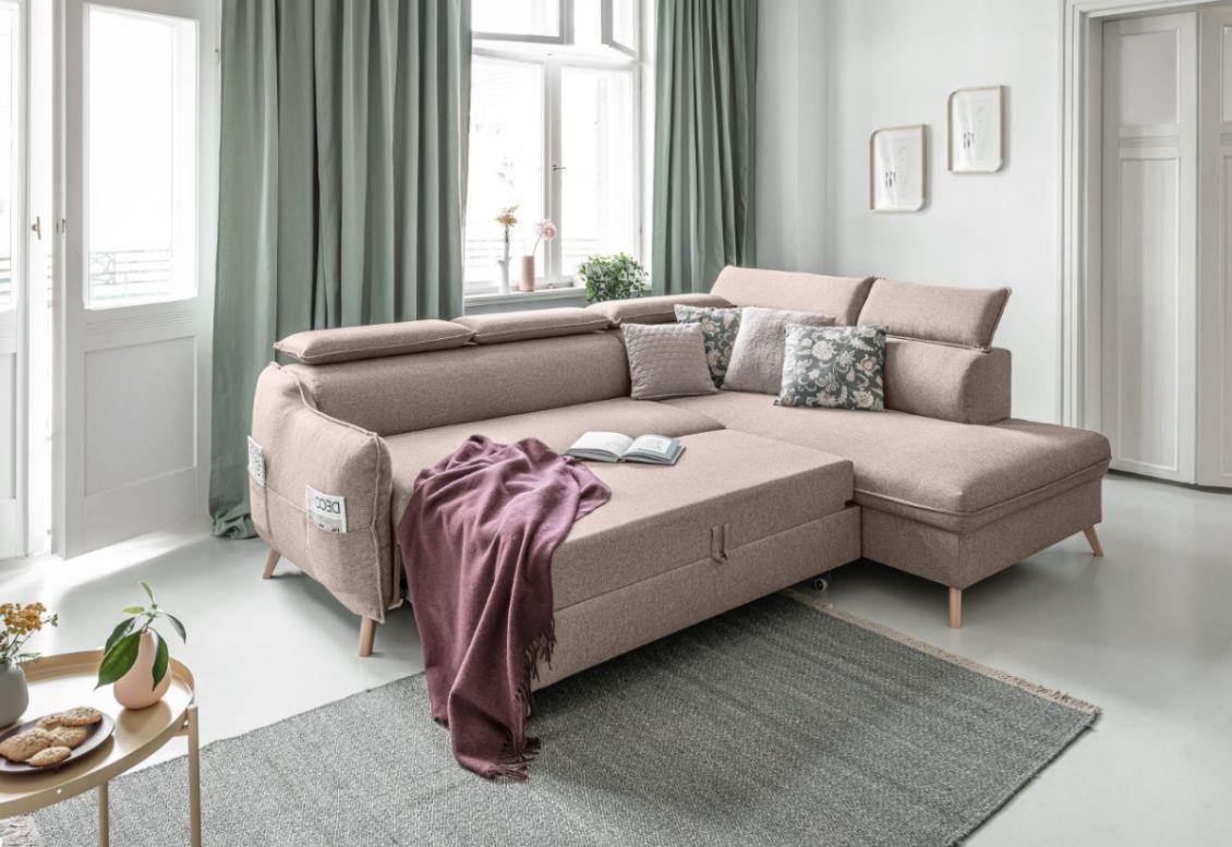 Rozkládací sedačka Simone, pravé provedení - přírodní barvy/béžová, Moderní, dřevo/textil (253/82/95/208cm)