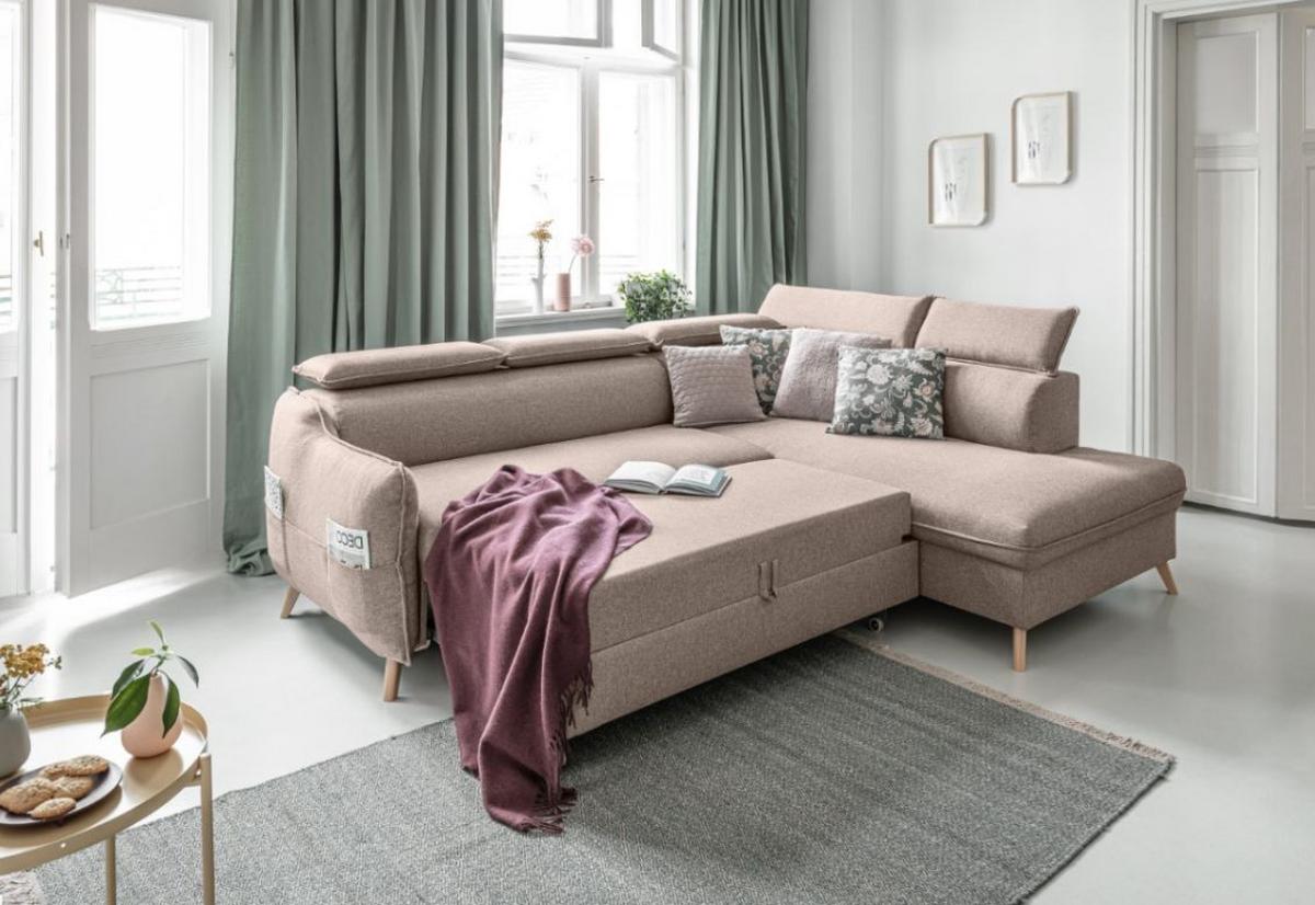 Rozkládací sedačka Simone, pravé provedení - přírodní barvy/béžová, Moderní, dřevo/textil (253/82/95/208cm)