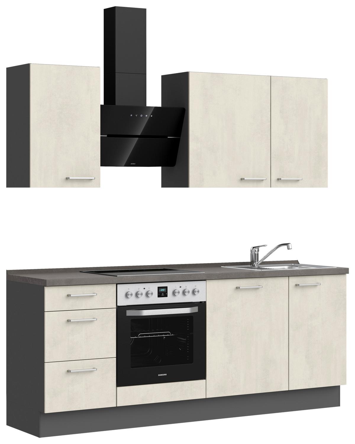 Kuchynská linka 210CM biely betón/ bridlicová šedá - biela/farba ušľachtilej ocele, Modern, kov/kompozitné drevo (210cm) - Nobilia