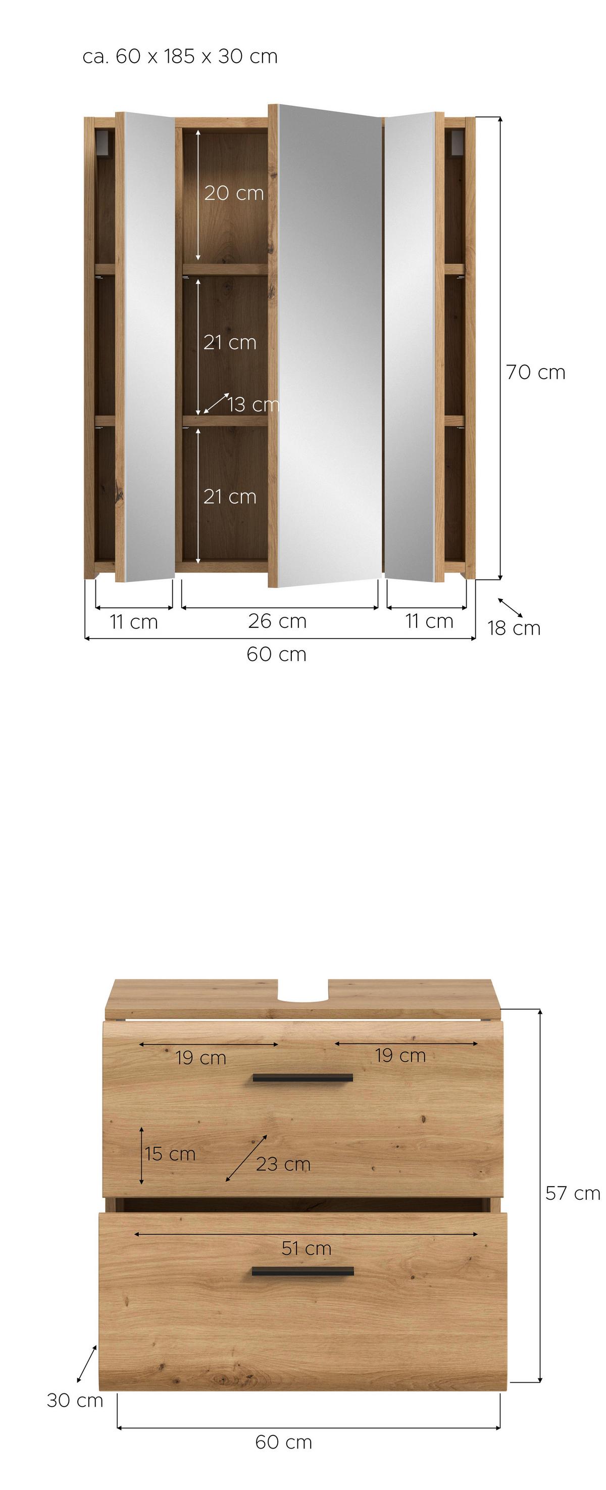 Badezimmer Ice Eiche Artisan Dekor B: 60cm - Schwarz/Eiche Artisan, Trend, Glas/Holzwerkstoff (60cm) - MID.YOU